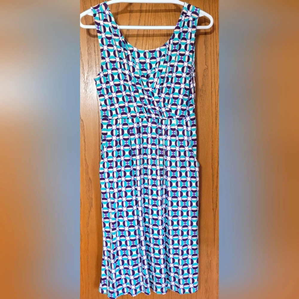 Garnet Hill knit geometric print tank style midi dress, full skirt, wrap bust